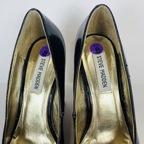 Steve Madden P Medow Patent Cork Wedge Heels Black Peep Toe Size 8 - Picture 7 of 10